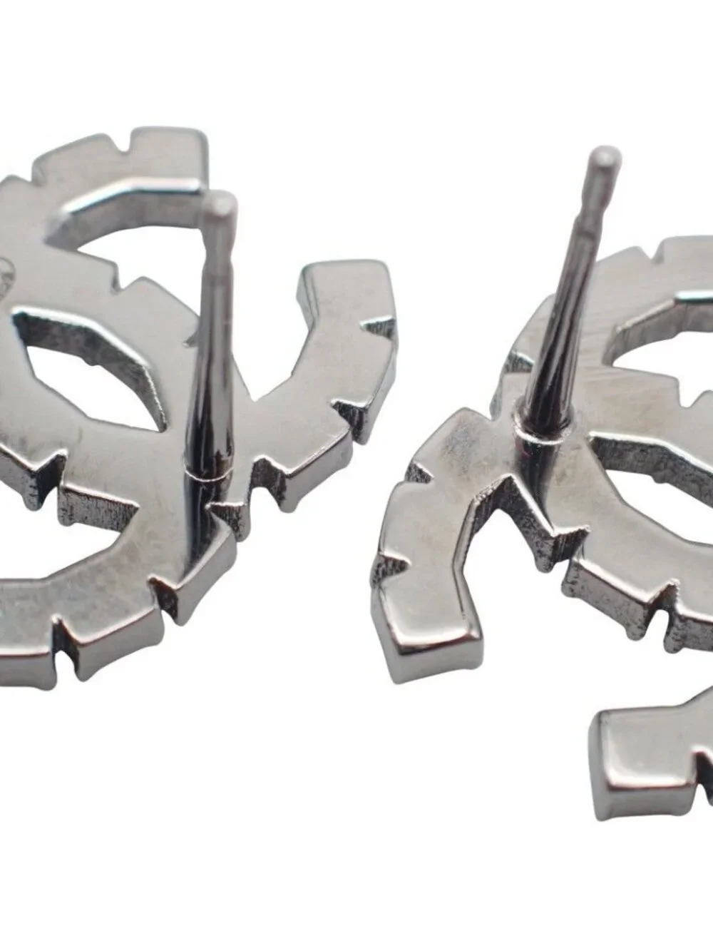 Chanel CC Logo Earrings 18 Metal Crystal Black Coco Silver Simple Rhinestone